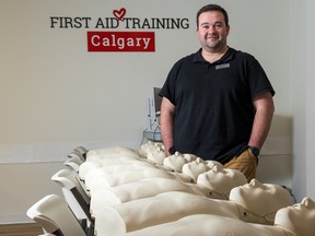 First Aid Training Calgary founder Ben Marasco is offering $10K in free CPR training after the incident with the Buffalo Bills player Damar Hamlin, who went into cardiac arrest on the field. They've seen an influx of inquiries into CPR training since and they want to help people learn CPR. Marasco was photographed at the First Aid Training Calgary offices on Tuesday, January 10, 2023.
