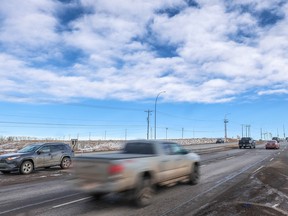 The City of Calgary is considering widening Country Hills Boulevard NE to six lanes in certain sections where it narrows to four lanes like this section just west of Deerfoot Trail.