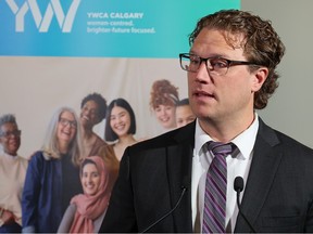 Jeremy Nixon, Minister of Seniors, Community and Social Services speaks during the unveiling of YWCA Calgary's new affordable housing facility in Inglewood on Wednesday, January 25, 2023.