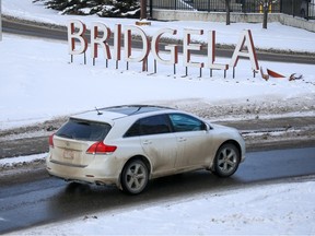 The damaged Bridgeland sign at the 9th Street entrance to the northeast Calgary neighborhood is pictured on Tuesday, January 31, 2023.