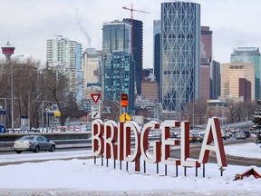 The damaged Bridgeland sign at the 9th Street entrance to the northeast Calgary neighbourhood was photographed on Tuesday, January 31, 2023.
