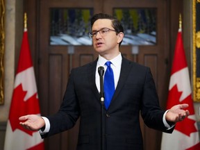 Conservative leader Pierre Poilievre holds a press conference in the foyer of the House of Commons on Parliament Hill in Ottawa on Wednesday, Jan. 25, 2023.