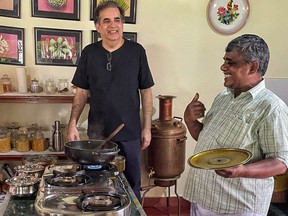 Food enthusiast Sumeet Nair — in black — works with local cooks and ingredients in classes, such as one held at the Bangala Hotel in Karaikudi, Chettinad, India.