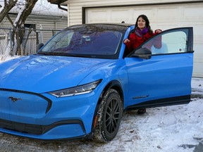 Janina Strudwick with her fully electric 2022 Ford Mustang Mach E4X, with California Route 1 trim, all wheel drive and extended range battery.