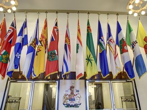 Provincial flags in the lobby of the Government Conference Centre in Ottawa.