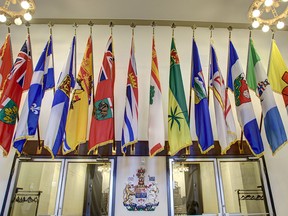 Provincial flags in the lobby of the Government Conference Center in Ottawa.