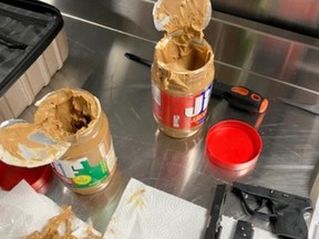 Gun parts hidden in peanut butter created a mess for Transportation Security Administration officers and the man whose luggage they were found in.