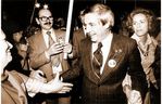 Premier Peter Lougheed and his wife Jeanne celebrate the Progressive Conservative Party's first re-election on 26 March 1975.