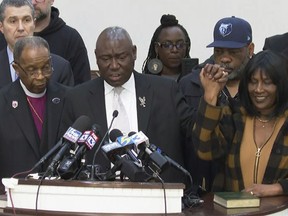 Civil rights attorney Attorney Ben Crump speaks at a news conference with RowVaughn Wells, mother of Tyre Nichols, who died after being beaten by Memphis police officers, and his stepfather Rodney Wells, in Memphis, Tenn., Friday, Jan. 27, 2023. Authorities on Friday were set to release police video depicting five Memphis officers beating Nichols, a Black man whose death resulted in murder charges and provoked outrage at the country's latest instance of police brutality. Family members of Tyre Nichols pleaded for any protests to remain peaceful. (AP Photo)