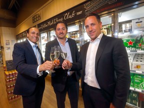 L-R, Ken Keelor, President and CEO, Calgary Co-op, Reid Henuset, Vice-President, Willow Park Wines & Spirits and Scott Henuset, President, Willow Park Wines & Spirits as Calgary Co-op announced the acquisition of Willow Park Wines and Spirits in Calgary on Wednesday, January 18, 2023.