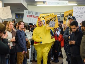 University of Calgary students gathered outside the Board of Governors meeting at the administration building on campus to protest the tuition increases on Friday, January 20, 2023.