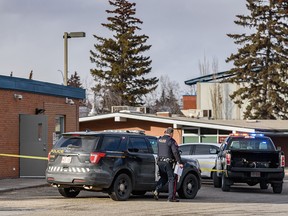 Police investigate a random stabbing in the parking lot of Louise Riley Library on Monday.
