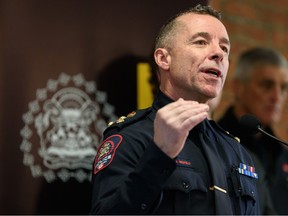 Calgary Police Chief Mark Neufeld speaks during a media event announcing the collaboration between CPS and Alberta sheriffs for a safety enhancement program at Calgary Police Services East Village Safety Hub on Tuesday, February 14, 2023.