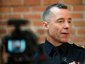 Calgary Police Chief Mark Neufeld speaks during a media event announcing the collaboration between CPS and Alberta sheriffs for a safety enhancement program at Calgary Police Services East Village Safety Hub on Tuesday, February 14, 2023.