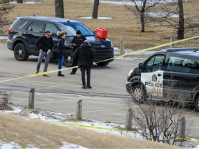Calgary police work at the scene of a suspicious death in Deerfoot Athletic Park on Thursday, February 16, 2023.