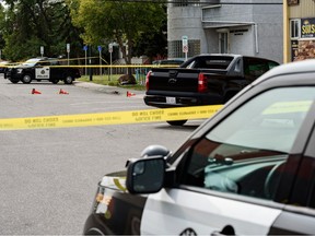 Calgary Police at the scene of a shooting that occurred at a hookah lounge in the community of Forest Lawn on Saturday, September 12, 2020.