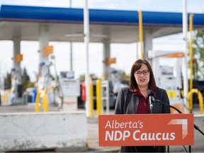 Alberta NDP energy critic Kathleen Ganley speaks at a press conference outside a gas station in southeast Calgary on Thursday, Sept. 22, 2022.