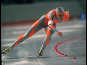 Bonnie Blair of the United States came out of a spin during the women's 500 meter speed skating event at the 1988 Winter Olympics in Calgary, winning gold and breaking a world record. Photo by Gray Mortimore/Getty Images.
