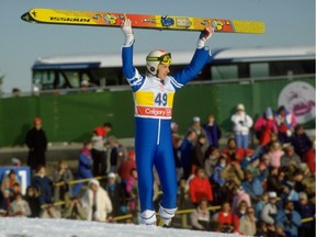 Matti Nykanen of Finland holds his breath after the 90-meter ski jump event at the 1988 Winter Olympics in Calgary, which celebrates its 35th anniversary this month. Canada. Nykanen won the gold medal with a jump of 224 meters. Allsport UK /Allsport/Getty Images