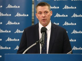 Nate Horner, Alberta Minister of Agriculture and Irrigation speaks on Tuesday, February 7, 2023, at the Harmony Beef plant near Balsac, north of Calgary.