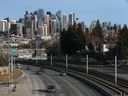 The downtown Calgary skyline is shown looking east with Bow Trail in the foreground on Thursday, February 16, 2023.