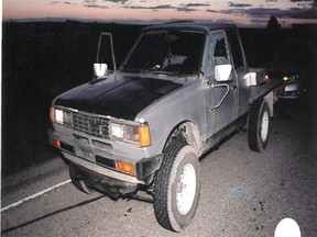 Two photos released from convicted killer Nancy McKinnon's faint hope application, which is seeking a reduction in her parole ineligibility for the murder of her estranged husband, were released by Justice David Labrenz on Wednesday Feb. 22, 2023. This photo shows Maradyn's pickup with an open passenger window and shattered driver's side window. McKinnon's then-lover, Joey Bruso, shot Maradyn through the open passenger window when he arrived at an isolated area along Highway 2A near Crossfield.