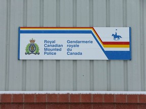 Signage is shown outside the RCMP detachment in Chestermere, east of Calgary, on Tuesday, Feb. 28, 2023.