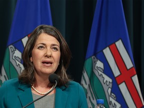 Alberta Premier Danielle Smith speaks during a media press conference in Calgary on Thursday, February 9, 2023.