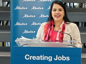Alberta Minister of Trade, Immigration and Multiculturalism Rajan Sawhney speaks during the announcement that  Applexus Technologies had chosen Calgary as its new Canadian headquarters on Wednesday, February 15, 2023. The company expects to eventually have 125 employees in the city.