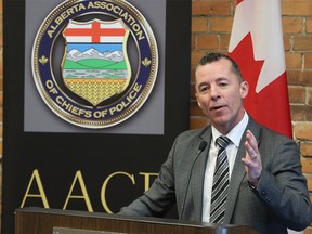 Alberta Association of Chiefs of Police president and Calgary Chief Constable Mark Neufeld speaks during a press conference in Calgary on Wednesday, February 22, 2023. The press conference followed the association’s release of results of a research paper on decriminalization.