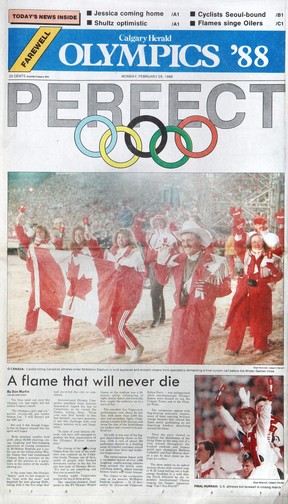 Copy of the front page of the Calgary Herald from Monday, February 29, 1988, the day after the 1988 Winter Olympics ended.