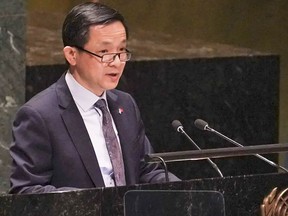 China's Deputy United Nations Ambassador Dai Bing address the UN General Assembly before a vote on a resolution upholding Ukraine's territorial integrity and calling for a cessation of hostilities after Russia's invasion, February 23, 2023.
