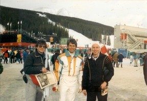 1988 Winter Olympic visitor from the UK Dominic Sore (left) and friend Greg Knight ran into Olympian Ken Read at the Games.  Photo courtesy Dominic Sore.