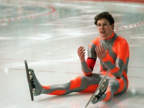 Speed skater Dan Jansen of the United States reacts after falling during the men's 1,000m event at the Winter Olympics on February 18, 1988 in Calgary. Jansen, a favorite to win the title, also fell in the 500m race on 15 February. Over the years Jansen continued to work for an Olympic medal and was finally successful in his last Olympic race at the 1994 Games in Lillehammer. a new world record at the same time. Afterwards, he was chosen to carry the American flag at the closing ceremonies.