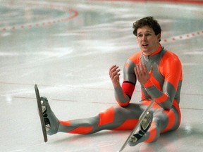 Speed ​​skater Dan Jansen of the United States reacts after falling during the men's 1,000m event at the Winter Olympics on February 18, 1988 in Calgary.  Jansen, a favorite to win the title, also fell in the 500m race on 15 February.  Over the years Jansen continued to work for an Olympic medal and was finally successful in his last Olympic race at the 1994 Games in Lillehammer.  a new world record at the same time.  Afterwards, he was chosen to carry the American flag at the closing ceremonies.