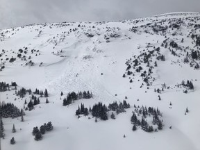 A photo posted by Avalanche Canada shows Potato Peak, 40 kilometres south of Tatla Lake in central south British Columbia, where two skiers died in an avalanche on Saturday, Feb. 11, 2023.