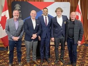 Shovel.  Dan McLean, Randy Boissonnault, Minister of Tourism and Associate Minister of Finance, Calgary Skyview MP George Chahal, Coun.  Gian-Carlo Carra and Coun.  Andre Chabot on Friday at an announcement of 4.9 million in funding for new protected bike lanes and sidewalk upgrades in the Beltline.  Brodie Thomas/Postmedia