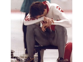 Olympic speed skater Gaetan Boucher skated his swan song February 20, 1988 at the Winter Olympics in Calgary.  Photo by Mike Fiala;  Calgary Herald archives.