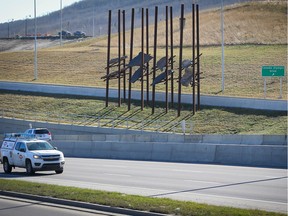 The Bowfort Towers art installation along the Trans Canada Highway on Friday, Oct. 19, 2018. The city canceled the second part of Bowfort Road interchange art project.