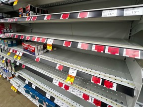 Cold medication shortages appear to be evident on Calgary pharmacy shelves like the one at a Safeway pharmacy on Center Street N. shown on Tuesday, Jan. 3, 2023.