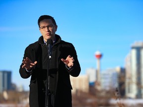 Federal Conservative party leader Pierre Poilievre speaks during a press conference on St. Patrick's Island in Calgary on Wednesday, February 15, 2023.