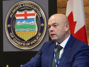 Edmonton Police Service Chief Dale McFee speaks during a press conference in Calgary on Wednesday, Feb. 22, 2023.