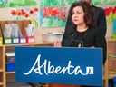 Minister of Education Adriana LaGrange speaks at a press conference held at École du Nouveau-Monde School in Calgary.