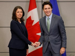 Alberta Premier Danielle Smith meets with Canada's Prime Minister Justin Trudeau as Provincial and Territorial premiers gather to discuss healthcare in Ottawa, Ontario, Canada, February 7, 2023. REUTERS/Blair Gable