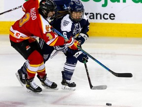 University of Calgary Dinos forward Josie McLeod and Mount Royal University Cougars defender Mackenzie Butz battle for the puck during Crowchild Classic at the Scotiabank Saddledome in Calgary on Jan. 27, 2023.