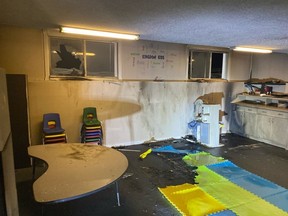 RCMP is investigating a fire at Okotoks Alliance Church as arson after a section of the building's basement was damaged by the early morning blaze on Feb. 5, 2023. Photo supplied by Tim Korthuis.