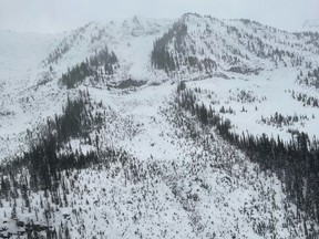 Two people died after an avalanche in the Purcell Mountains near Golden on Thursday, Feb. 16, 2023. Photo shows a partial overview of the avalanche path.