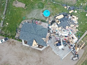 Drone photos capture damage caused by an EF2 tornado with maximum wind speed of 190 kilometres/hour which touched down in Cypress County near Medicine Hat on Monday, July 18, 2022. (Supplied by Northern Tornado Project)