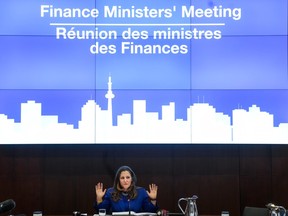 Chrystia Freeland, Canada's Deputy Prime Minister and Minister of Finance speaks to provincial finance ministers during the Finance Ministers' Meeting in Toronto, on Friday, February 3, 2023.
