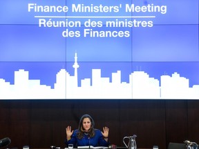 Chrystia Freeland, Canada's Deputy Prime Minister and Minister of Finance speaks with the provincial finance ministers during the Finance Ministers' Meeting in Toronto, on Friday, February 3, 2023.